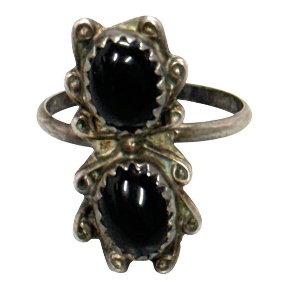 Vintage Navajo Sterling Silver Double Black Onyx Gemstone Statement Ring Size 5 - Picture 1 of 7